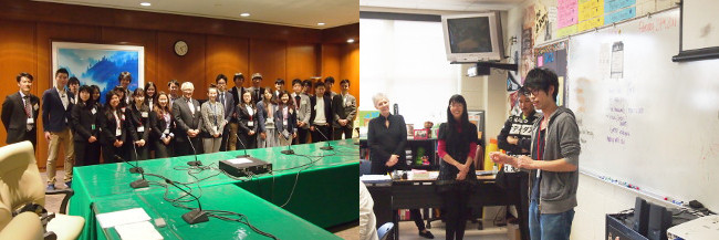Left: Group photo with Mr.Nari Konno, second secretary of Embassy of Japan<br/>
Right: Opening statement of Koyo Sawada from School of Law