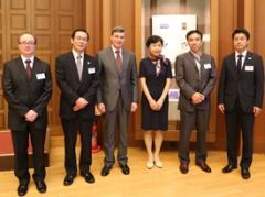 At the reception Meiji University Vice President Etsuko Katsu in a commemorative photo with Daisuke Yoshida, Director-General of the Japanese Higher Education Bureau (second from left), and Hans Dietmar Schweisgut, EU Ambassador to Japan (third from left). 