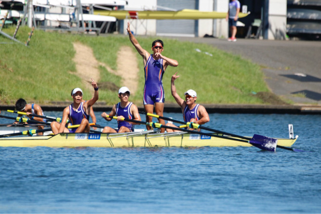 Team members celebrate after winning the Men’s Coxless Four event (Photo:Meisupo)