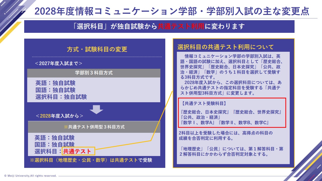 2028年度情報コミュニケーション学部・学部別入試における方式及び試験科目の変更について