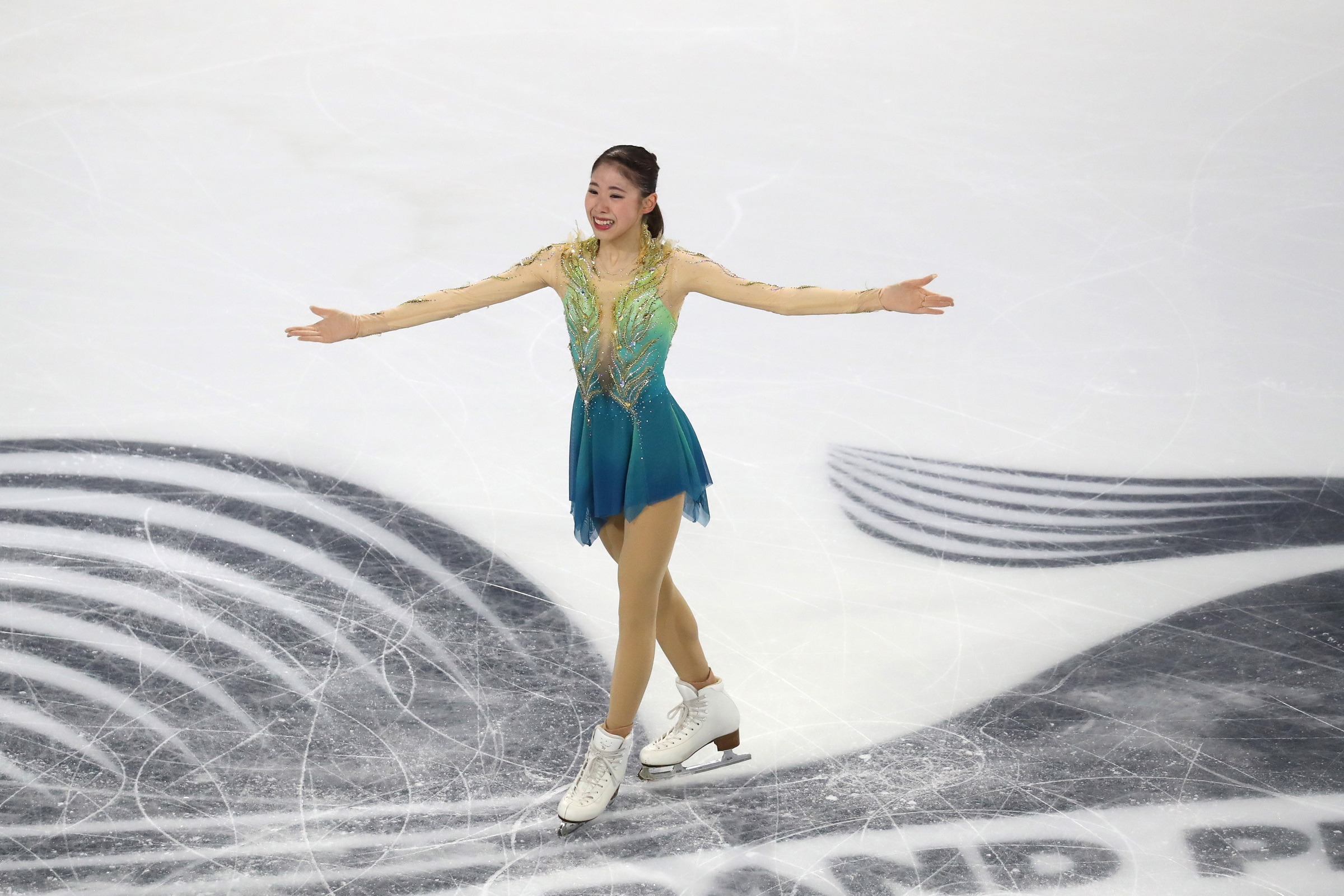 フリーの演技を終え笑顔を見せる住吉選手（写真：Manuel Blondeau/AOP.Press/アフロ）