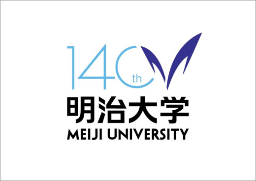 140周年記念ロゴマーク。「0（ゼロ＝地球【global】）」に大学シンボルマークを重ねることで、世界に飛翔し挑戦していく明治大学の姿を示している