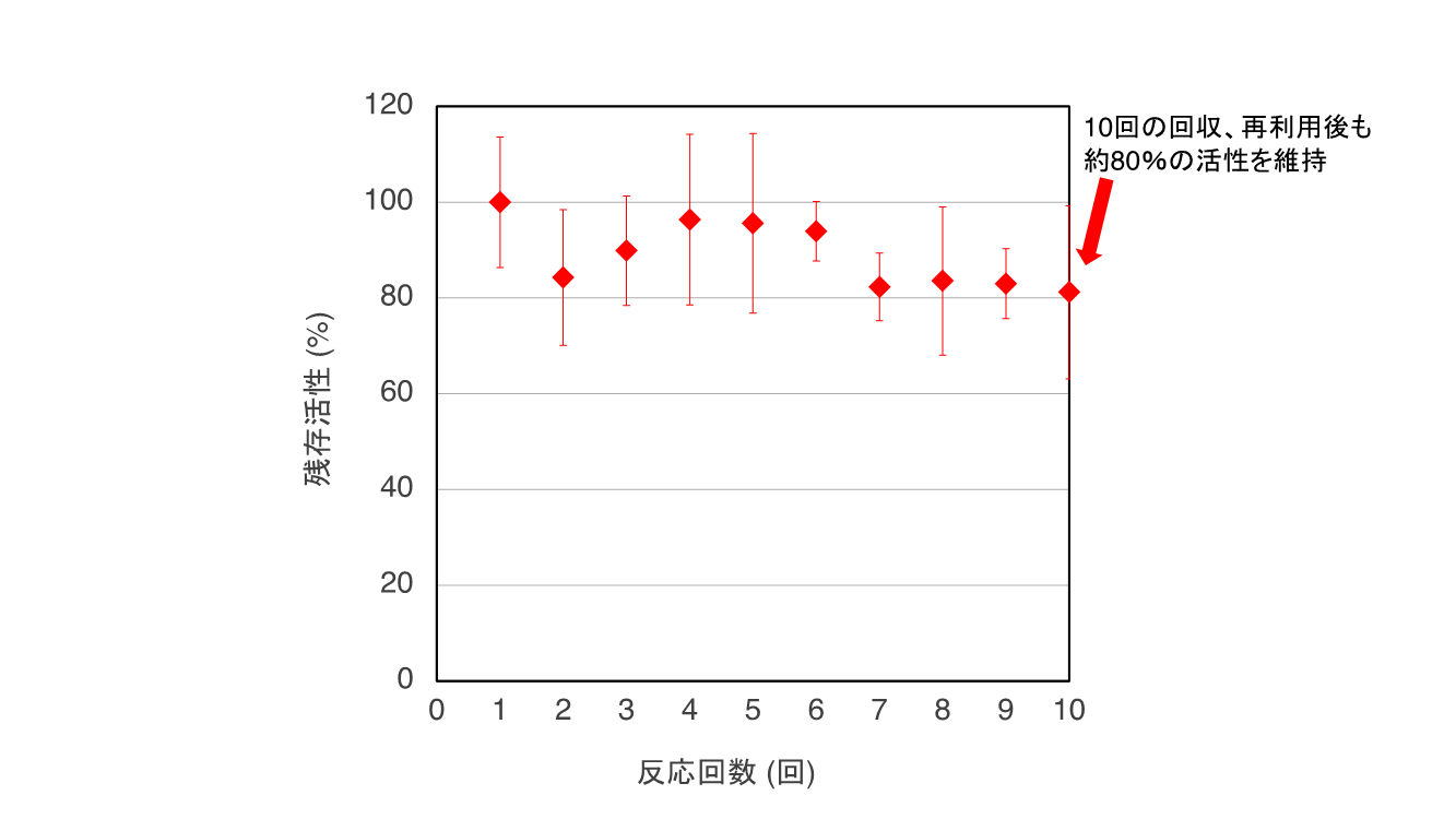 図4　固定化したCmBAMの再使用後の残存活性…10回の回収、反応を繰り返し行い、反応1回目の活性を100％とした時の各回における相対活性を示す。