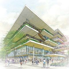 教室、図書館、ラーニングコモンズの3つの機能を複合させた「生田キャンパス第二中央校舎（仮称）」が建設されます。2025年春から利用開始です。