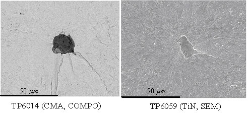 Fig. 9 TP1014 (CaO-MgO-Al2O3), TP6059 (TiN) inclusions and cracks