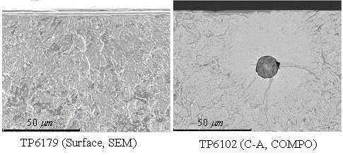Fig. 10 TP6179 (Surface), TP6102 (CaO-Al2O3) inclusion and its crack