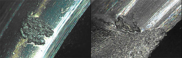 Fig.3 Spalling initiated on nut raceway after running 12.4~106rev and 5.64~106rev