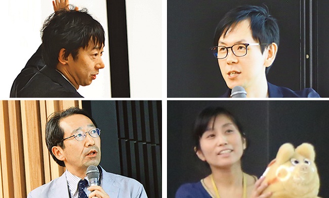 先端数理科学研究の魅力を伝える4人の教員（左上）宮下教授（左下）福山教授（右上）渡邊准教授（右下）五十嵐専任講師